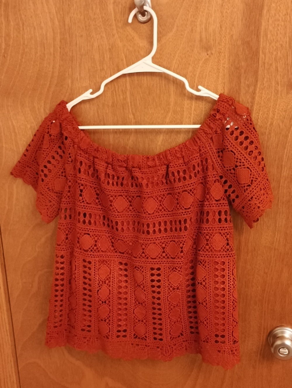 Sunday in Brooklyn Rust Red Crochet Off The Shoulder Blouse